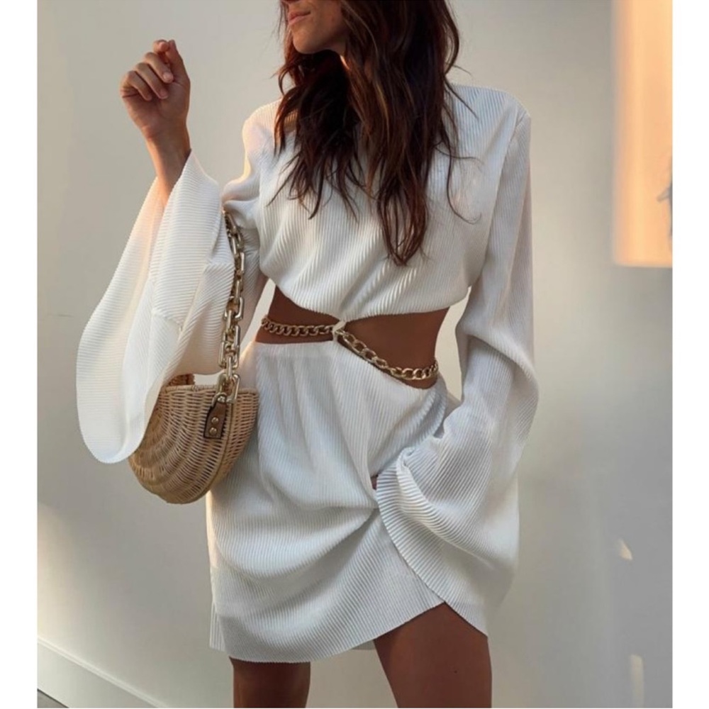 12th Tribe White Long Sleeve Cutout Mini Dress with Gold Chain